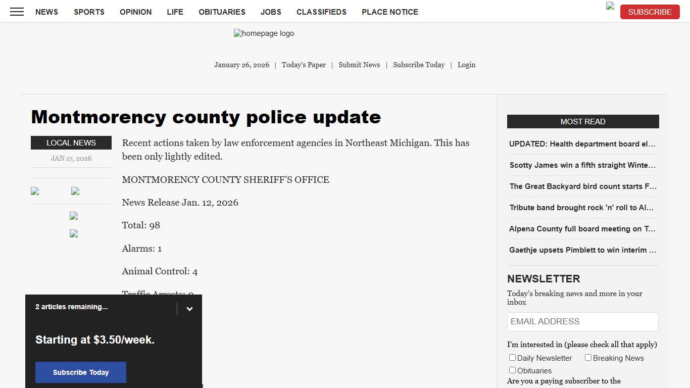 Montmorency county police update News, Sports, Jobs - The Alpena News