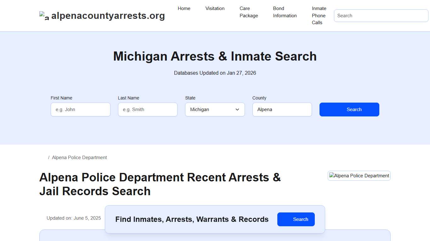 Alpena Police Department, MI Arrests, Records, Jail Roster Lookup